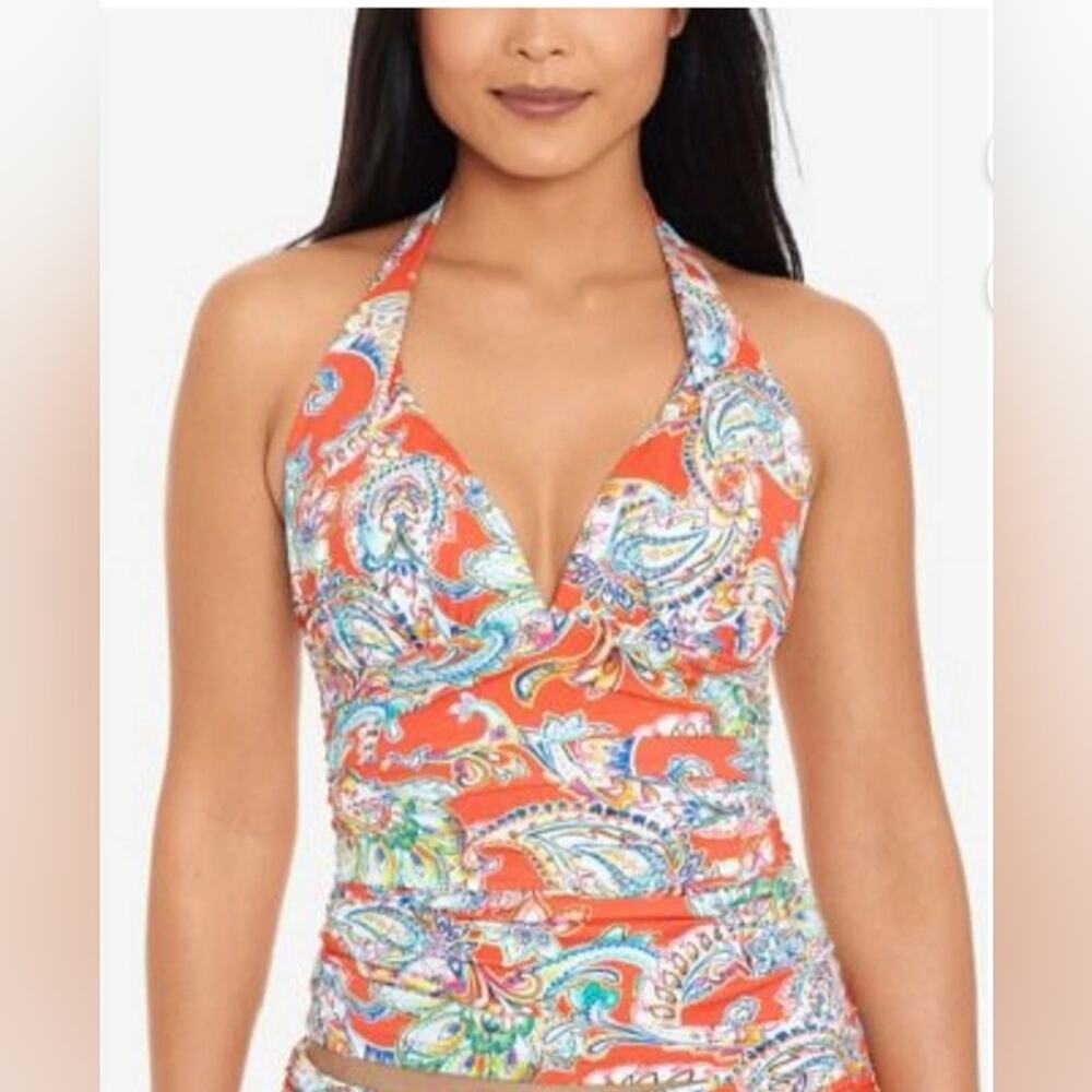 Lauren Ralph Lauren Orange multi color paisley molded cup tankini top.